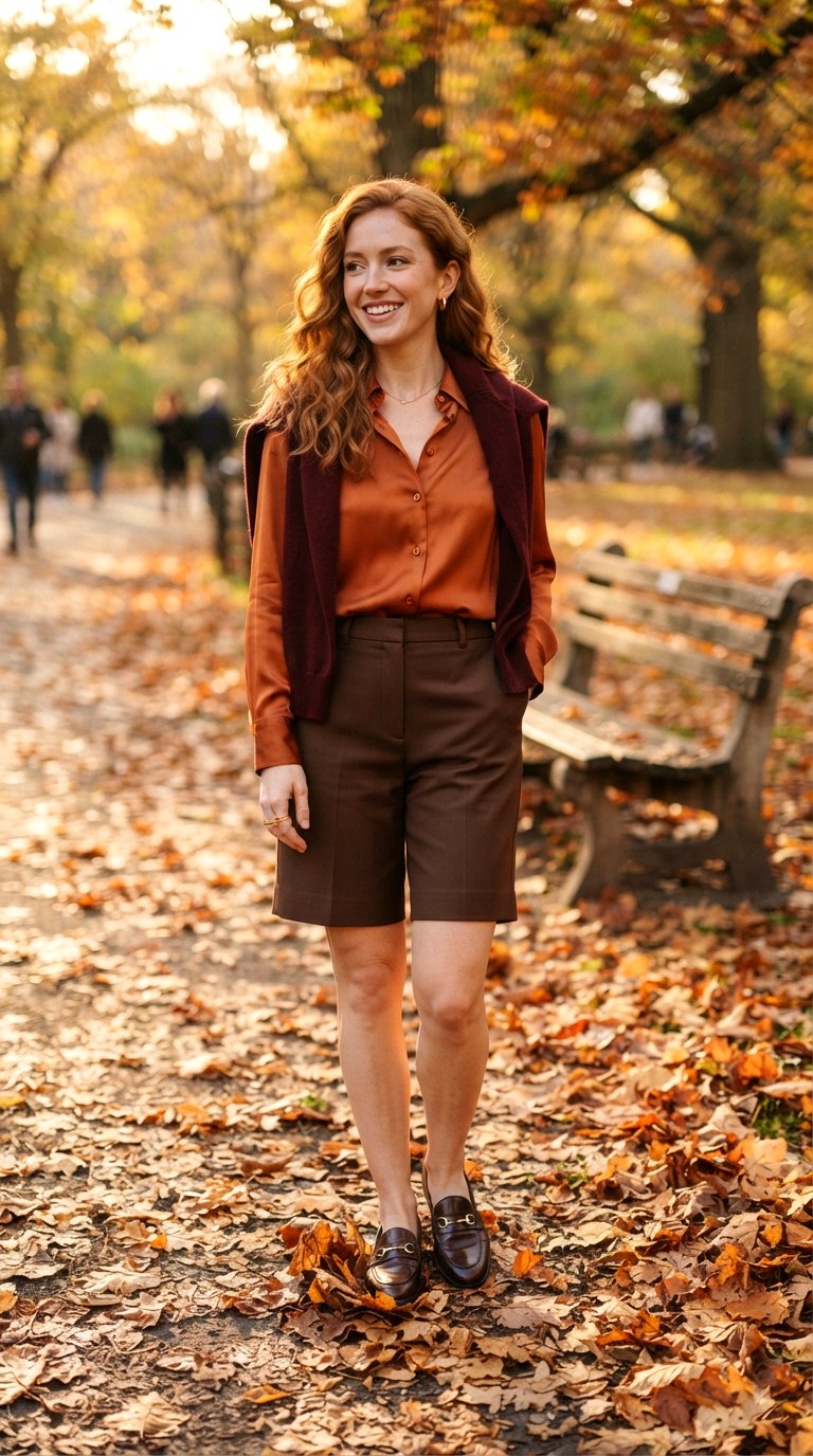 Burnt Orange Shirt With Chocolate Brown Tailored Bermuda Shorts - 29 burnt orange shirt outfit