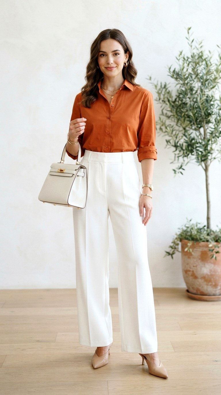 Burnt Orange Shirt With Crisp White Tailored Trousers - 29 burnt orange shirt outfit