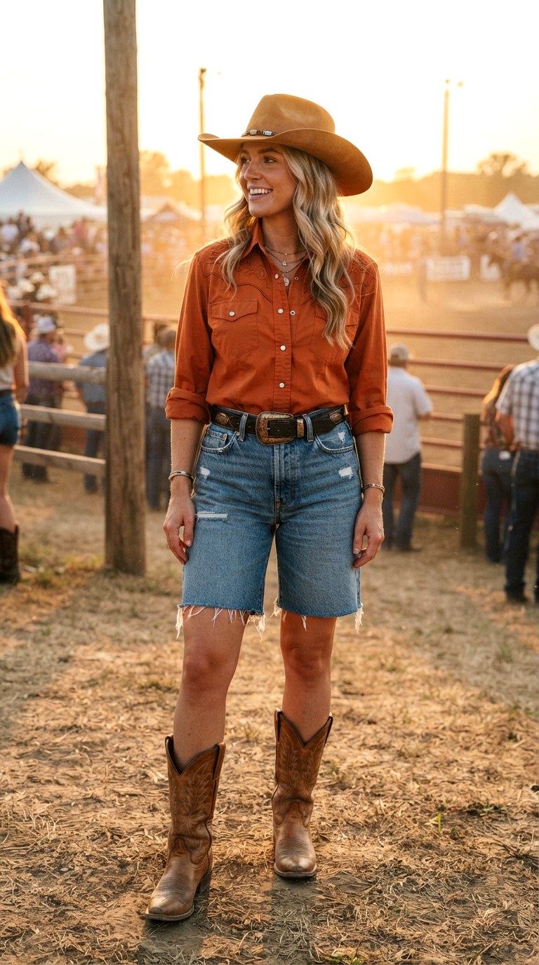 Burnt Orange Shirt With Denim Bermuda Shorts and Cowboy Boots - 29 burnt orange shirt outfit