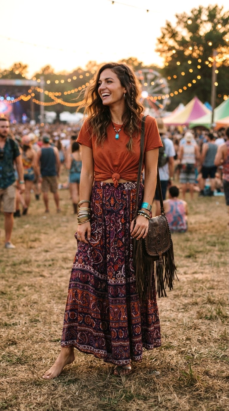 Burnt Orange Shirt With Graphic Print Maxi Skirt - 29 burnt orange shirt outfit