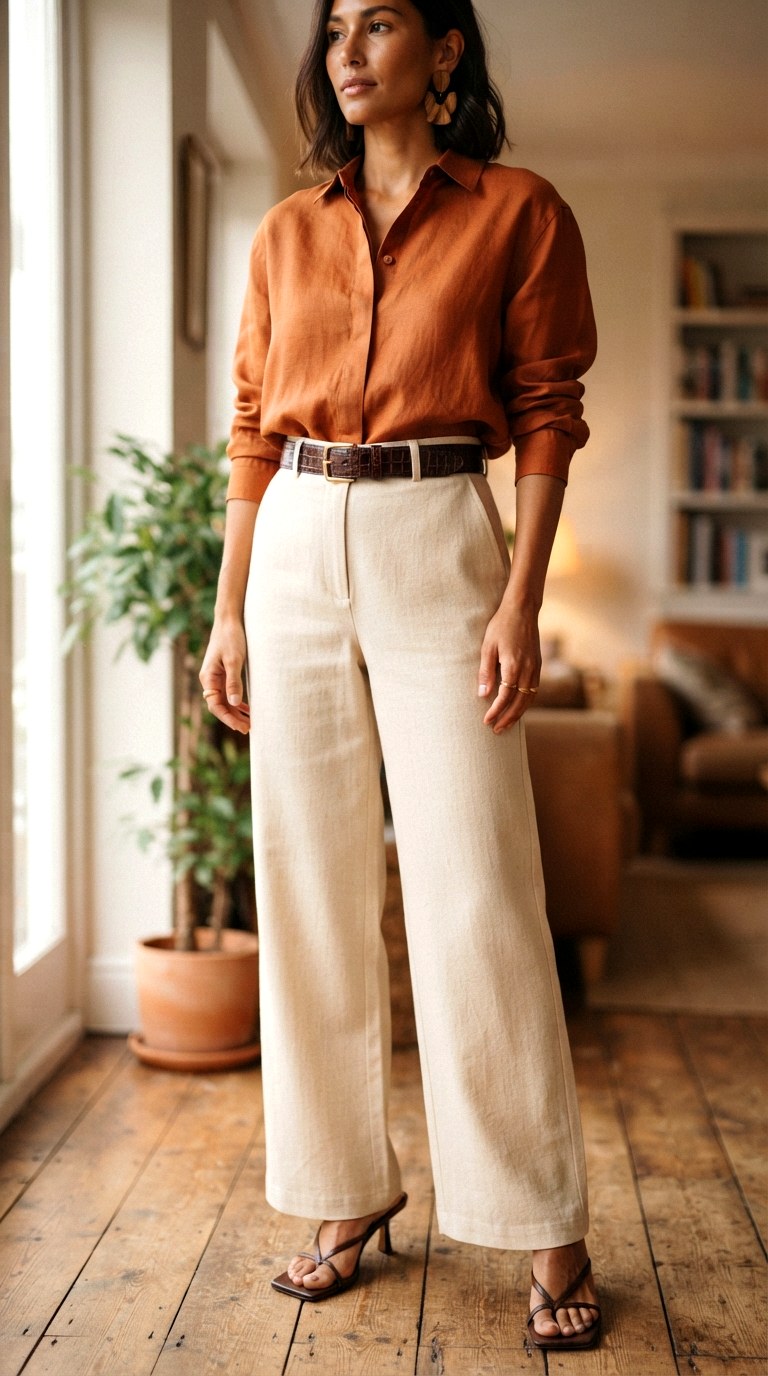 Burnt Orange Shirt With High Waist Beige Wide Leg Pants - 29 burnt orange shirt outfit