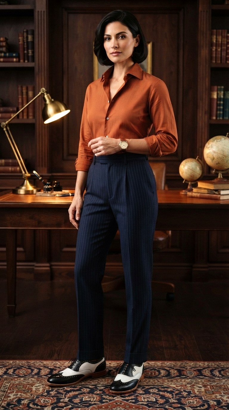 Burnt Orange Shirt With Navy Pinstripe Trousers - 29 burnt orange shirt outfit