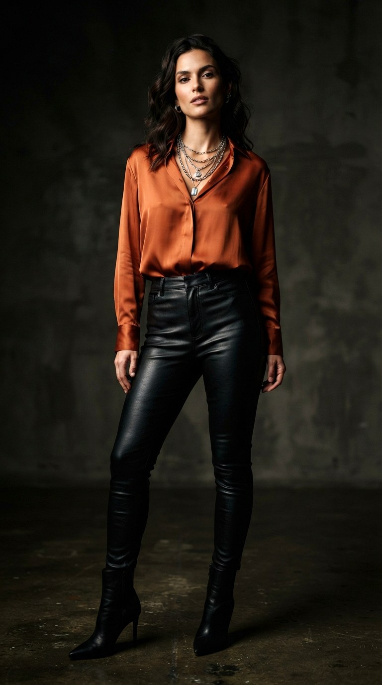 Burnt Orange Shirt With Sleek Black Leather Pants - 29 burnt orange shirt outfit