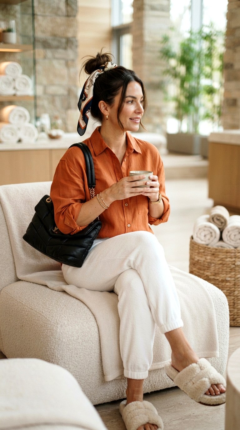 Burnt Orange Shirt With Terrycloth Joggers and Slides - 29 burnt orange shirt outfit
