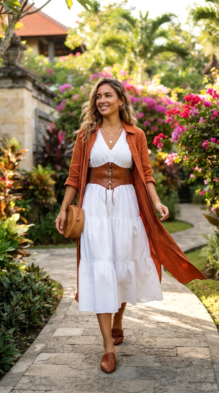 Burnt Orange Shirt With White Cotton Poplin Midi Dress - 29 burnt orange shirt outfit