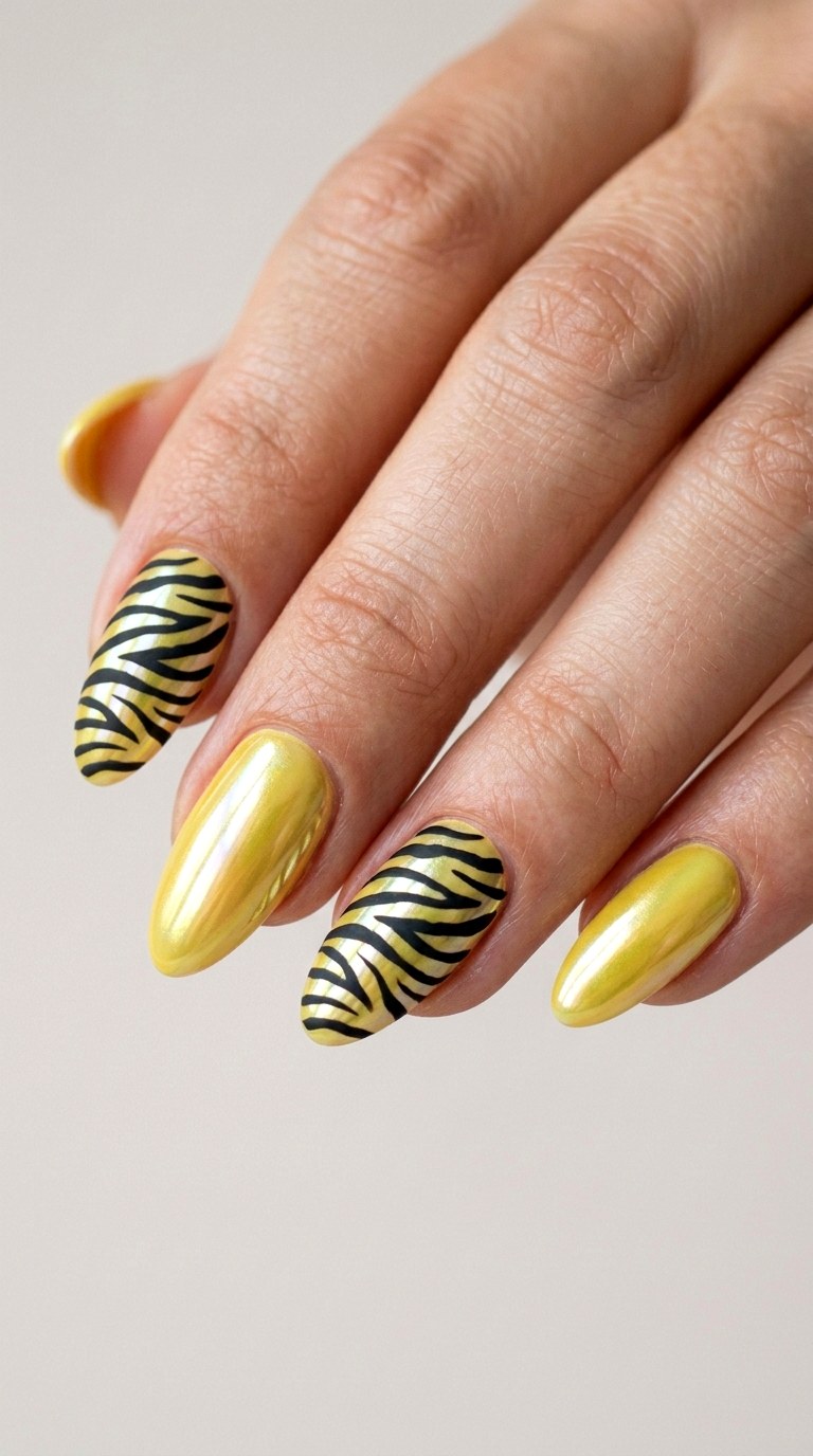 Butter Yellow Chrome with Zebra Stripes - 23 Contrast Spring Colorful Junk Nails