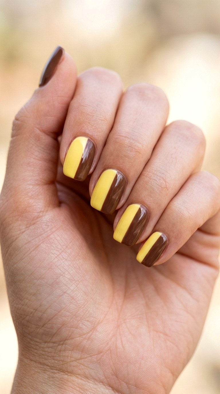 Butter Yellow and Chocolate Contrast - 25 Simple Spring Two Colored Nails