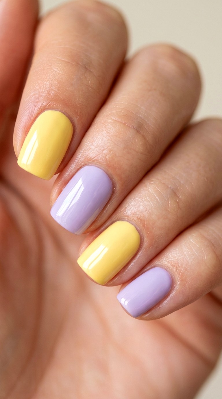Butter Yellow and Lavender Color Blocking - 24 Classy Spring Two Colored Nails