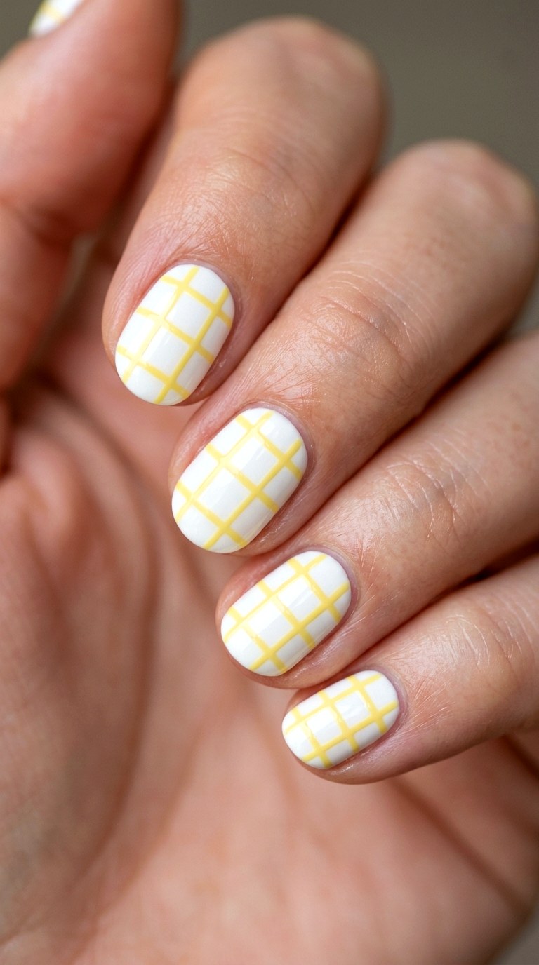 Butter Yellow and White Windowpane Grid - 23 Geometric Spring Two Colored Nails