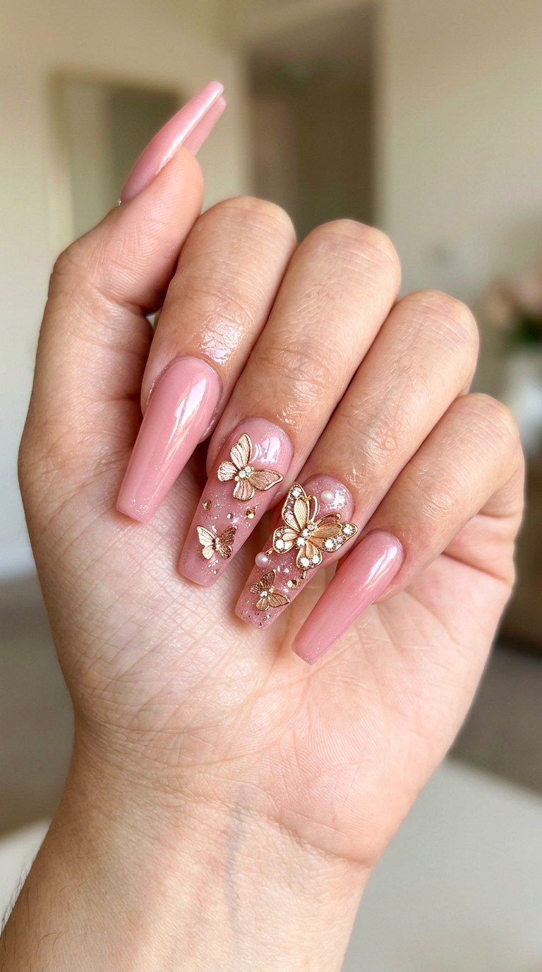 Butterfly Accent Pink Coffin - 22 Pink Spring Acrylic Nails