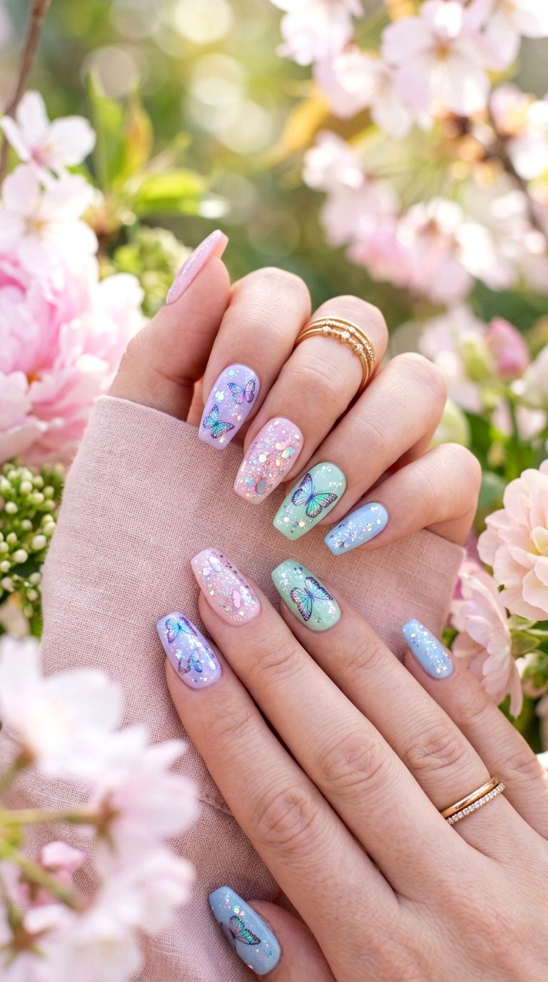 Butterfly Glitter Nails - 30 Aesthetic Spring Nail Designs Trending on Pinterest