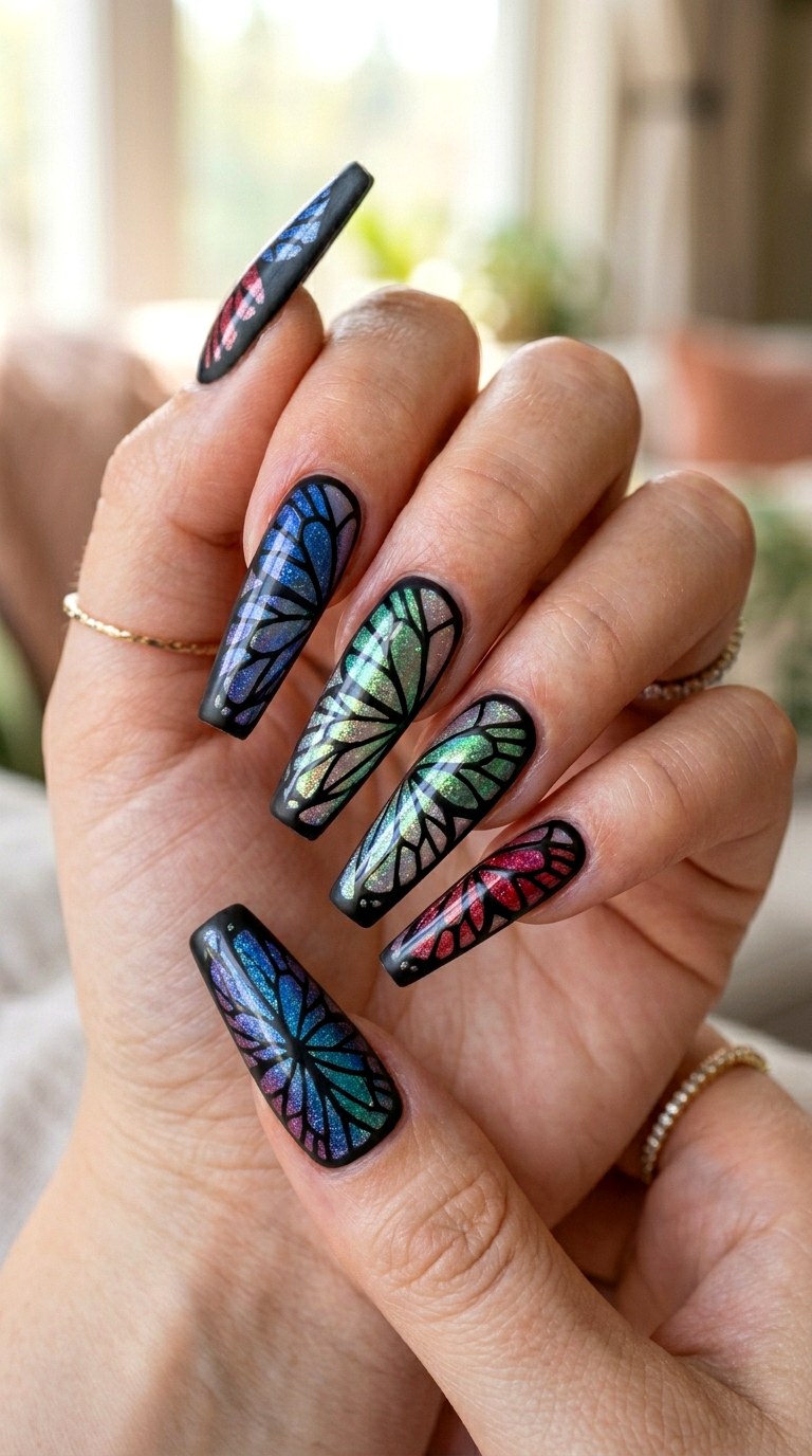 Butterfly Wing Stained Glass - 26 Vacation Summer Multicolor Acrylic Nails