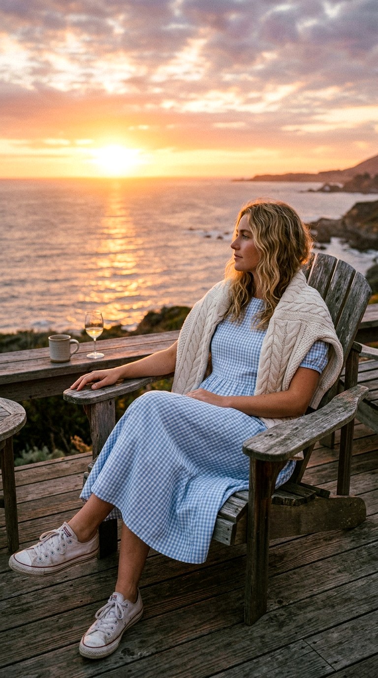 Cable Knit Sweater Draped Over a Gingham Dress - 23 old money outfits summer