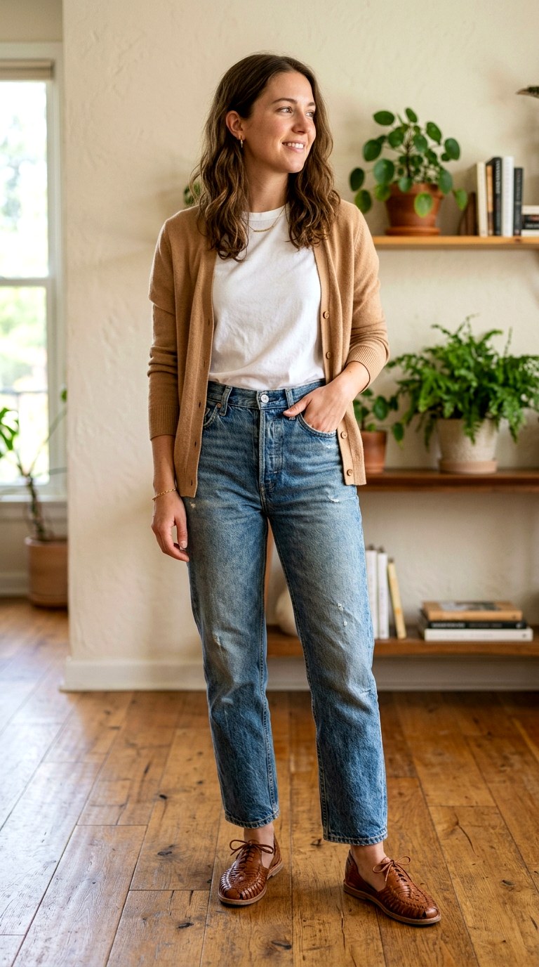 Camel Cashmere Cardigan Over White Tee And Jeans - 24 old money outfits summer