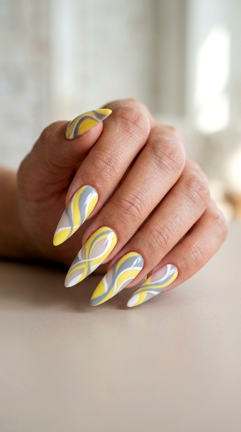 Canary Yellow Graphic Curves - 27 Fierce Spring Stiletto Nails