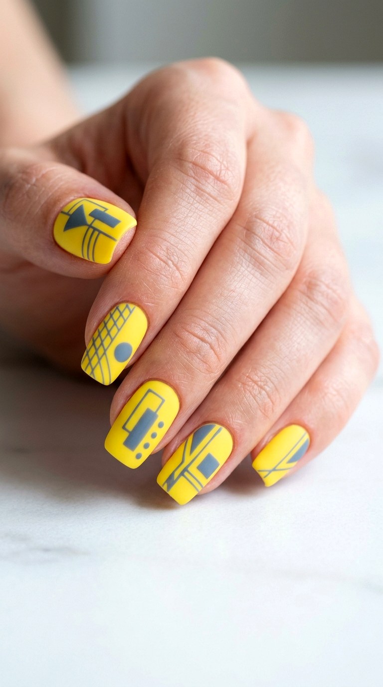 Canary Yellow and Slate Grey Geometry - 28 Stylish Spring Two Colored Nails