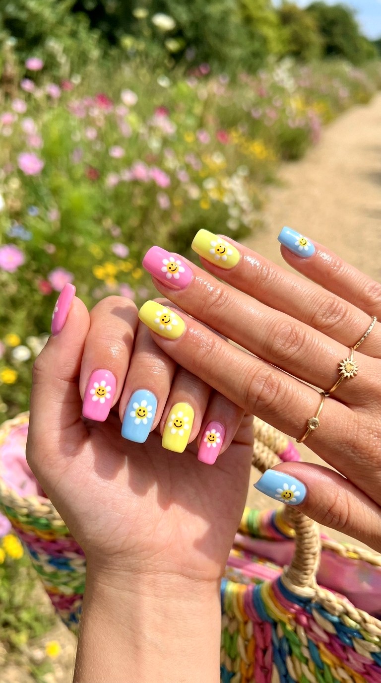 Candy Colored Flower Faces - 20 Summer Happy Flower Cartoon Nails Ideas
