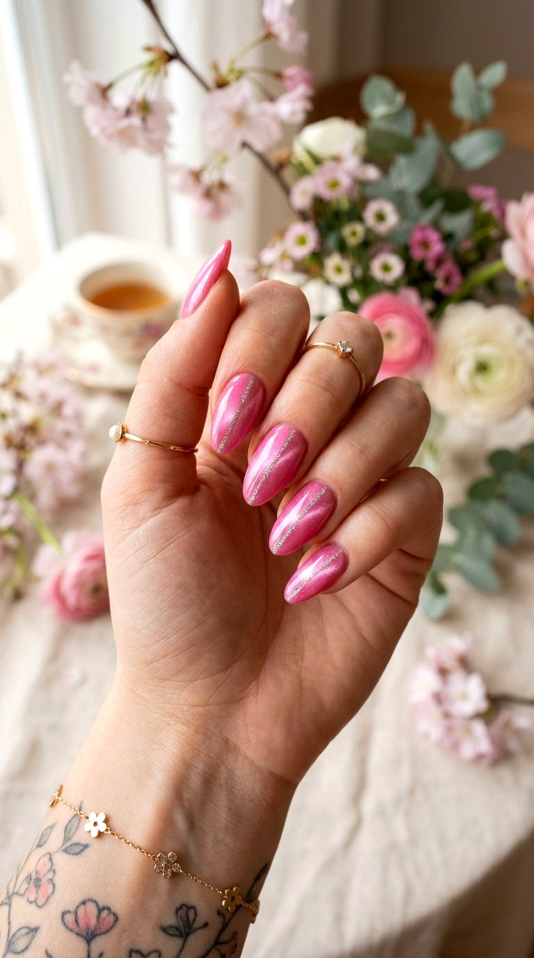 Candy Pink Cat Eye with Diagonal Glitter Line - 20 Spring Pink Cat Eye Nails with Shimmer Line Ideas