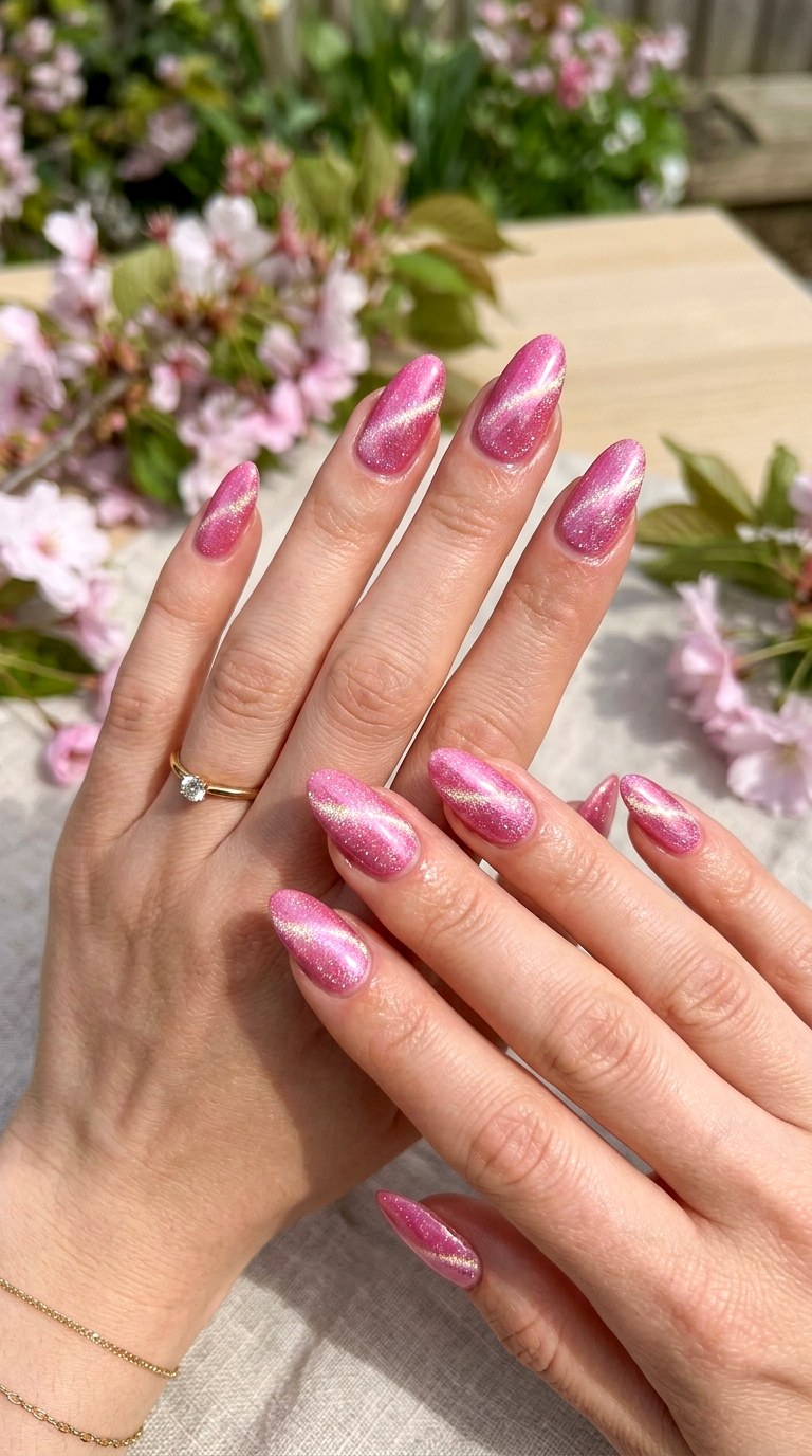 Candy Pink Cat Eye with Sparkling Diagonal Line - 20 Spring Pink Cat Eye Nails with Shimmer Line Ideas