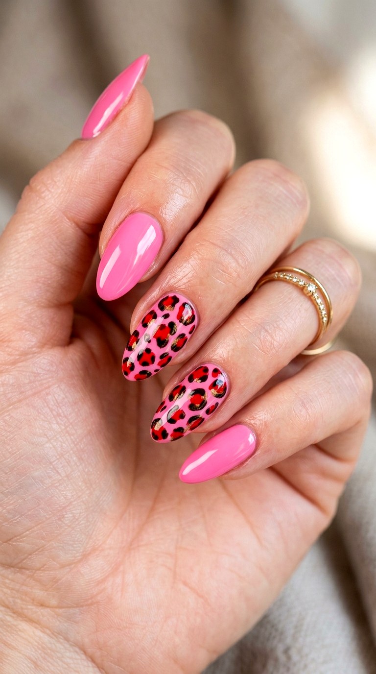 Candy Pink with Bold Red Leopard Print - 30 Brunch Spring Two Colored Nails