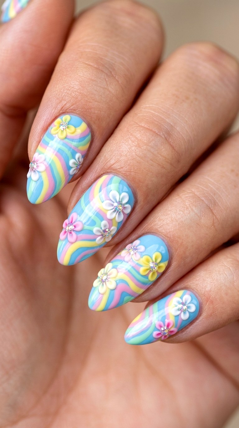 Candy Swirl Florals with Iridescent Glitter - 20 Sunny Spring Multicolor Acrylic Nails