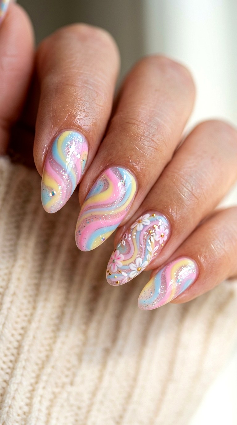 Candy Swirl Pastels with Sparkle Highlights - 21 Unique Spring Multicolor Acrylic Nails