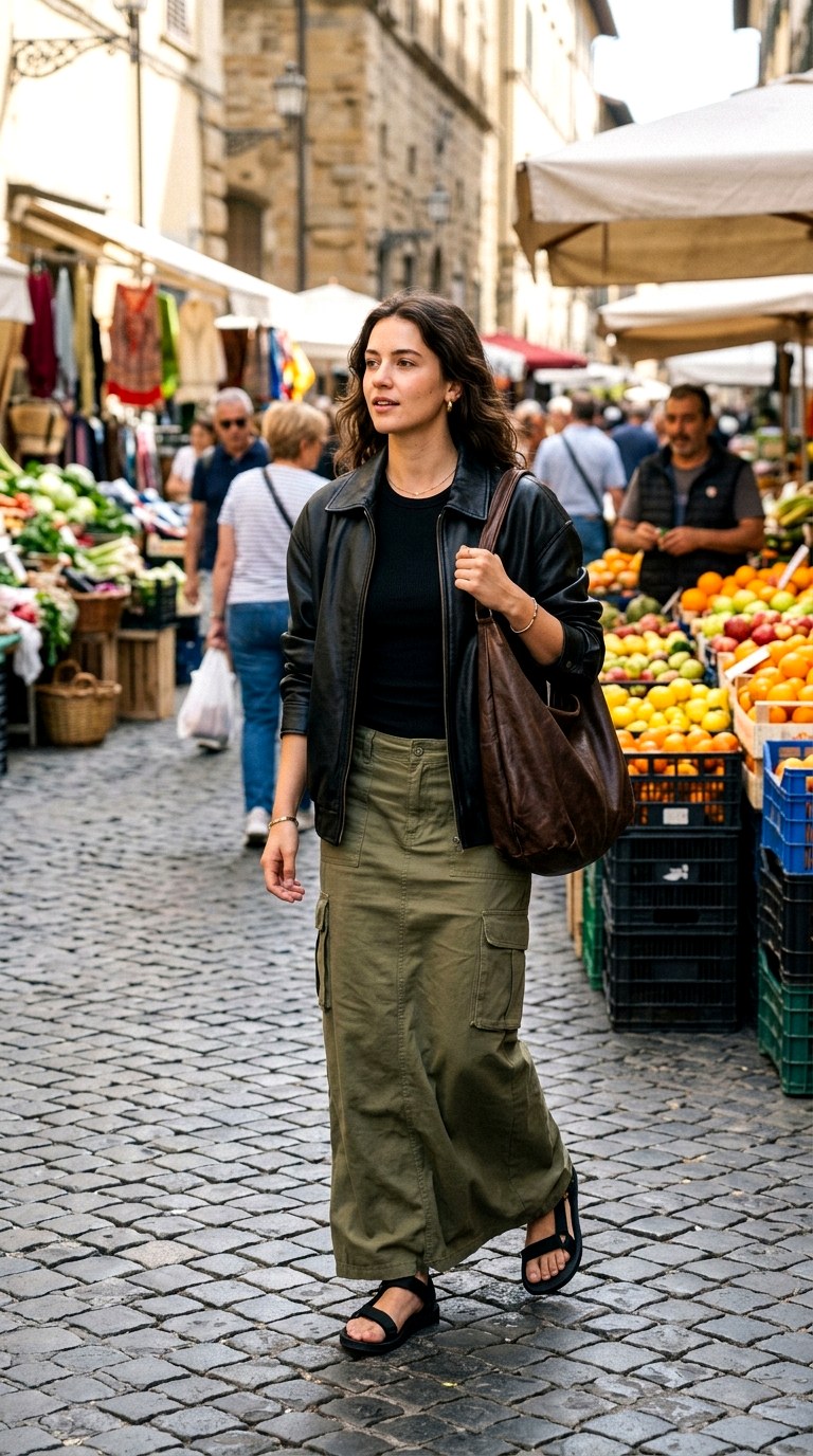 Cargo Maxi Skirt Utility - 27 oversized leather jacket outfits