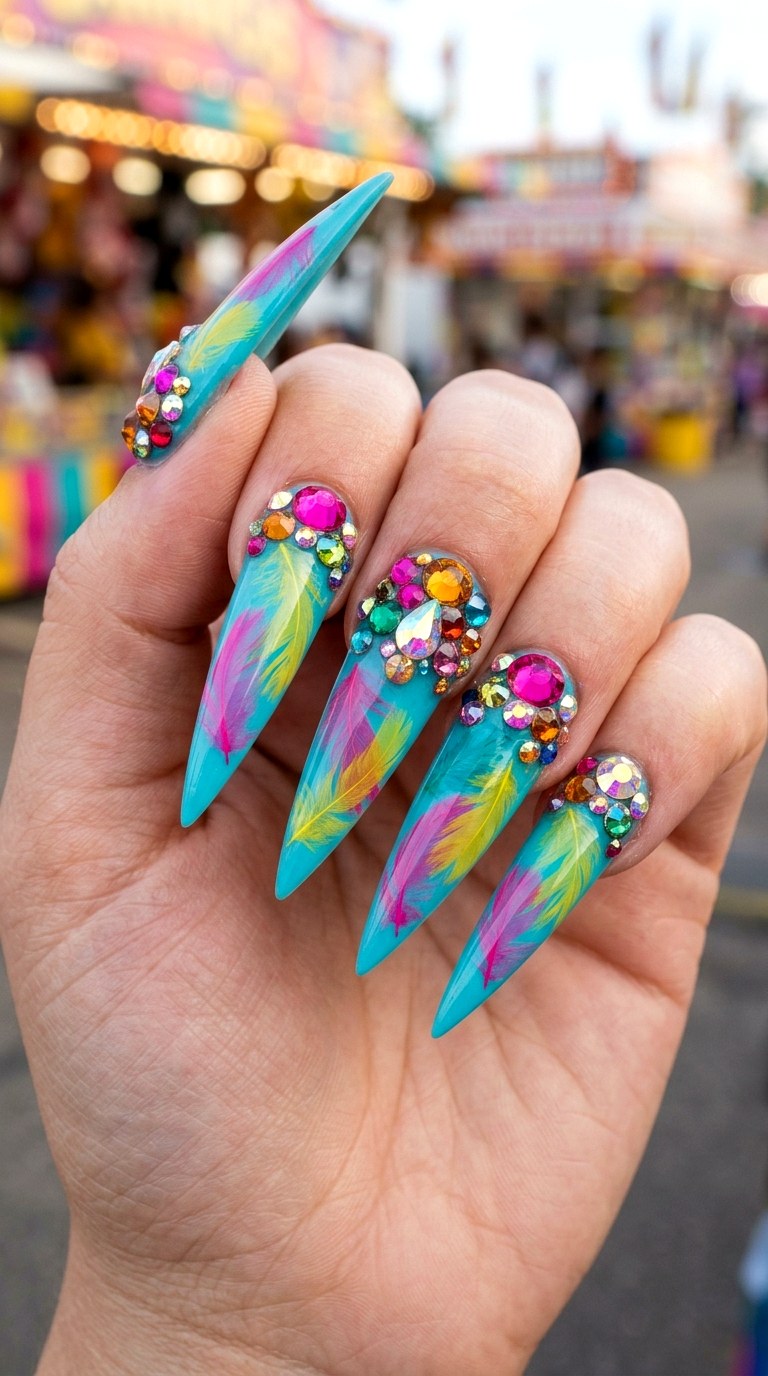 Carnival Feather and Rhinestone Drama - 29 Maximalist Spring Colorful Junk Nails
