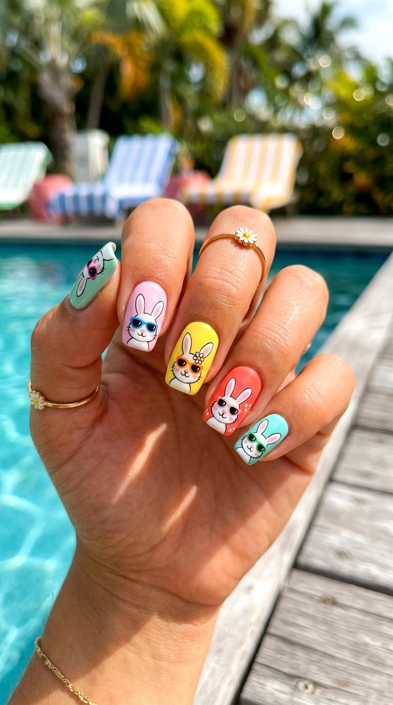 Cartoon Bunny with Sunglasses - 26 Summer Pastel Bunny Cartoon Nail Ideas