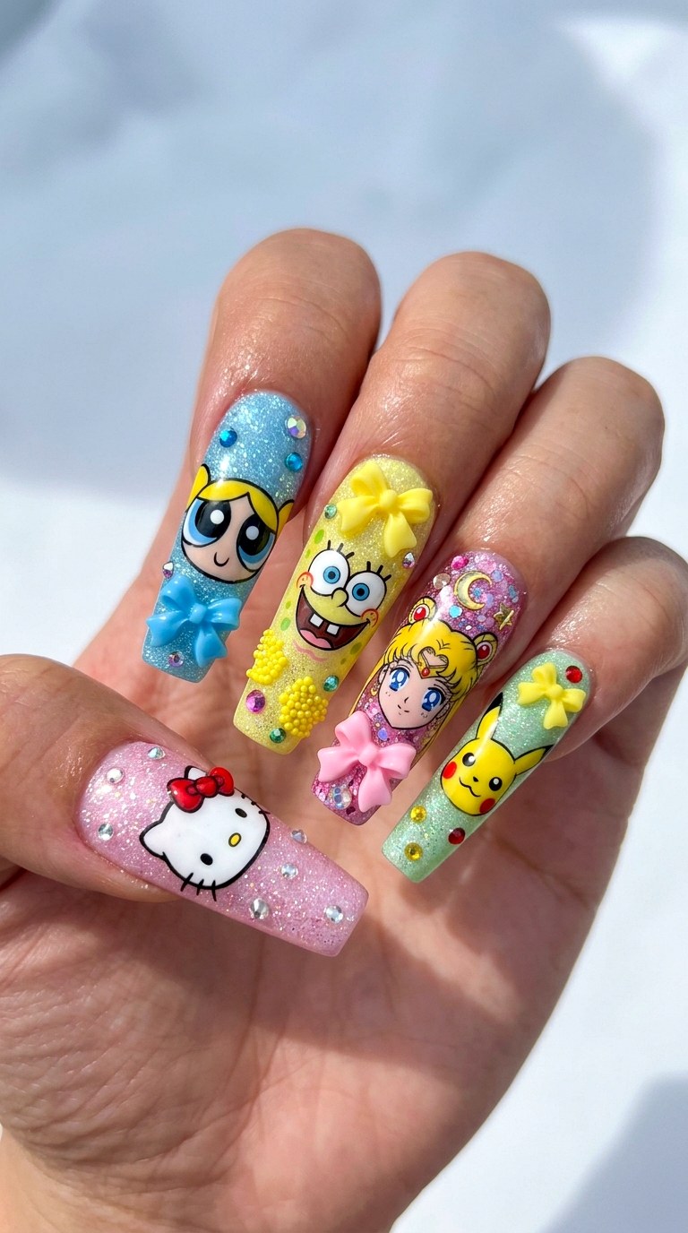Cartoon Character Chaos - 29 Maximalist Spring Colorful Junk Nails