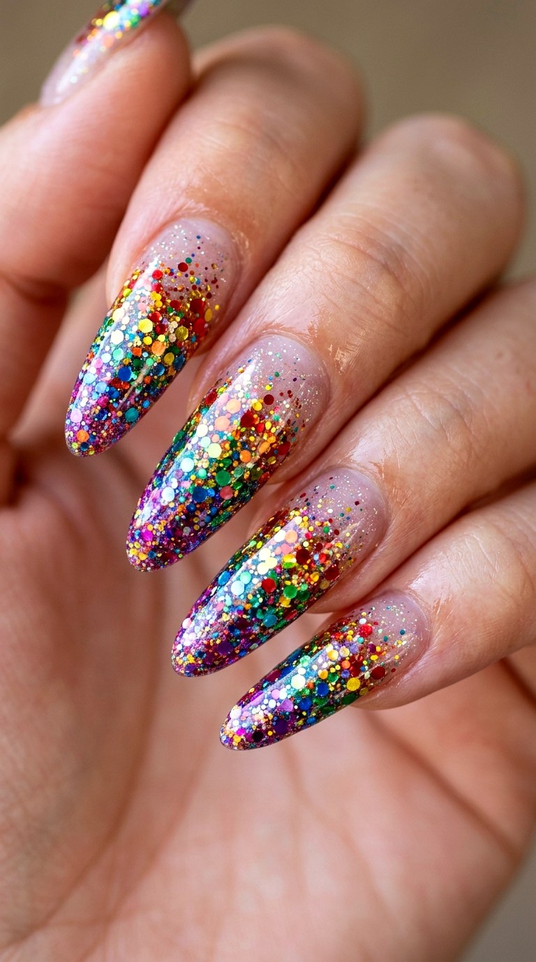 Cascading Chunky Glitter Gradient - 26 Rainbow Spring Multicolor Acrylic Nails