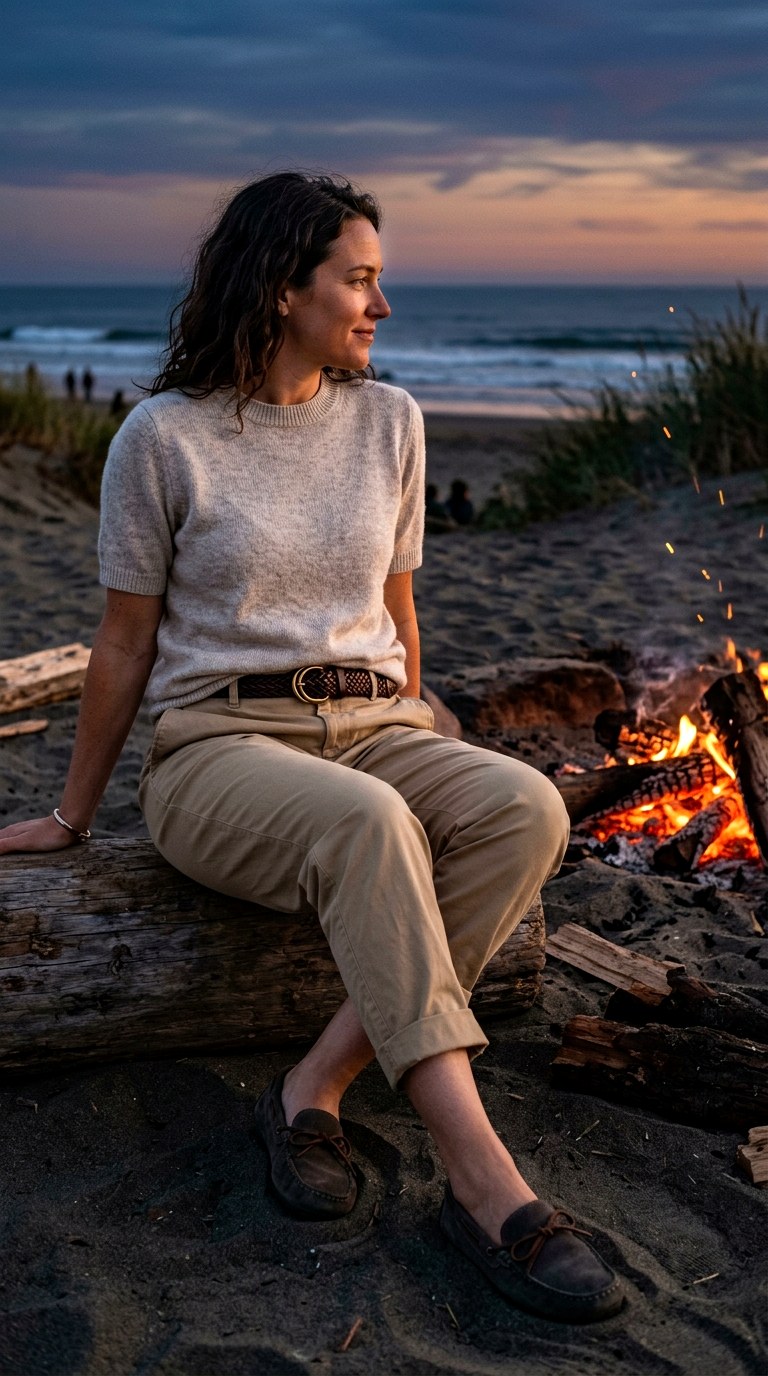 Cashmere Silk Short Sleeve Sweater with Cuffed Khakis - 23 old money outfits summer