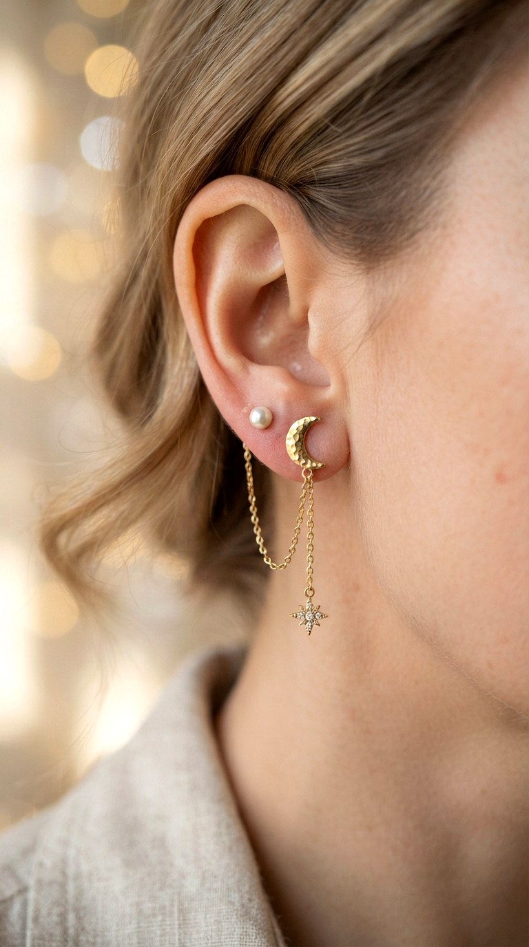 Celestial Moon and Star Duet Gold Earnings - 27 earring stacks gold