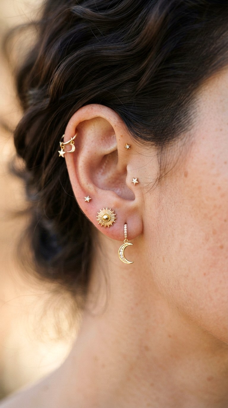 Celestial Sun and Moon Alignmen - 20 earring stacks gold 2 holes