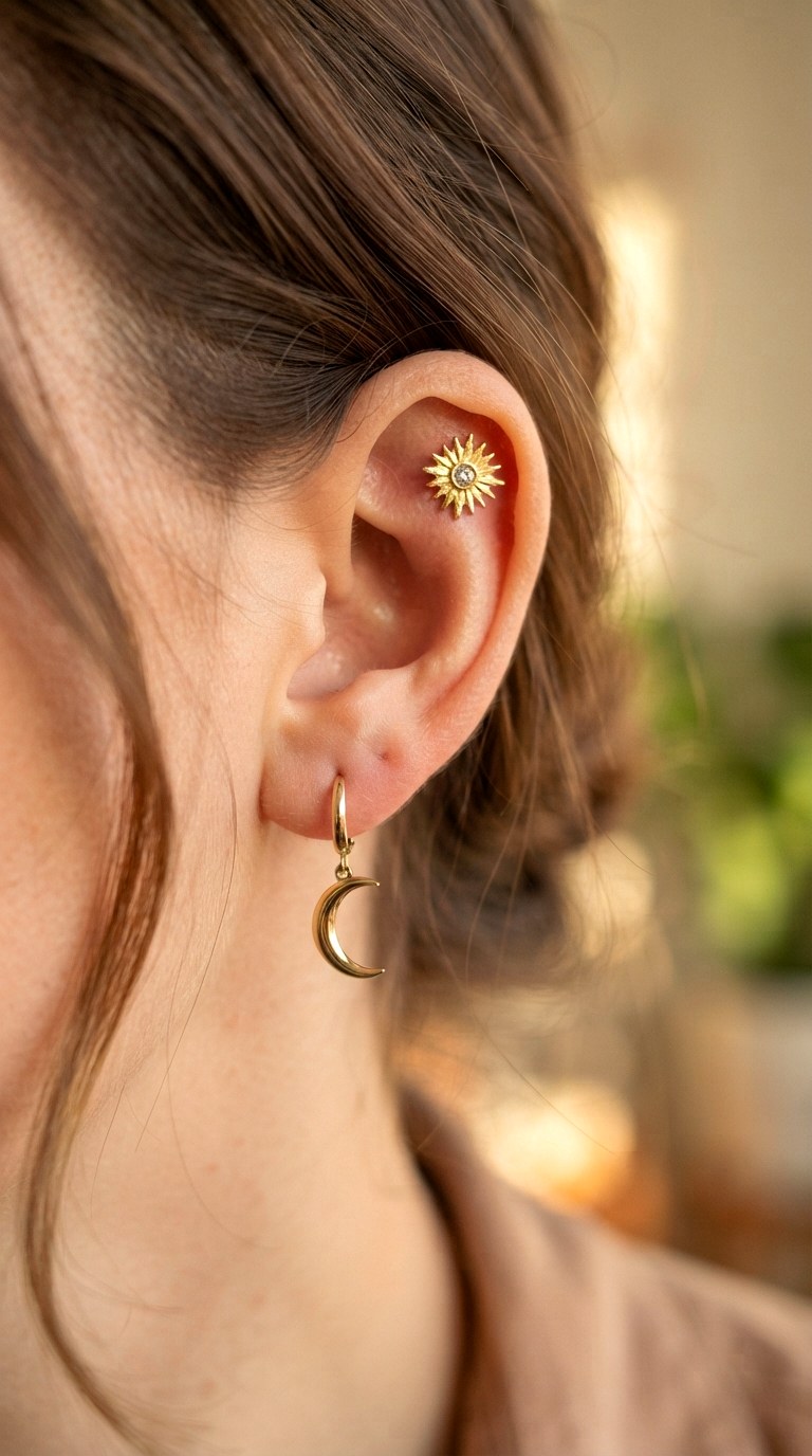 Celestial Sun and Moon Duos - 25 gold earrings stack