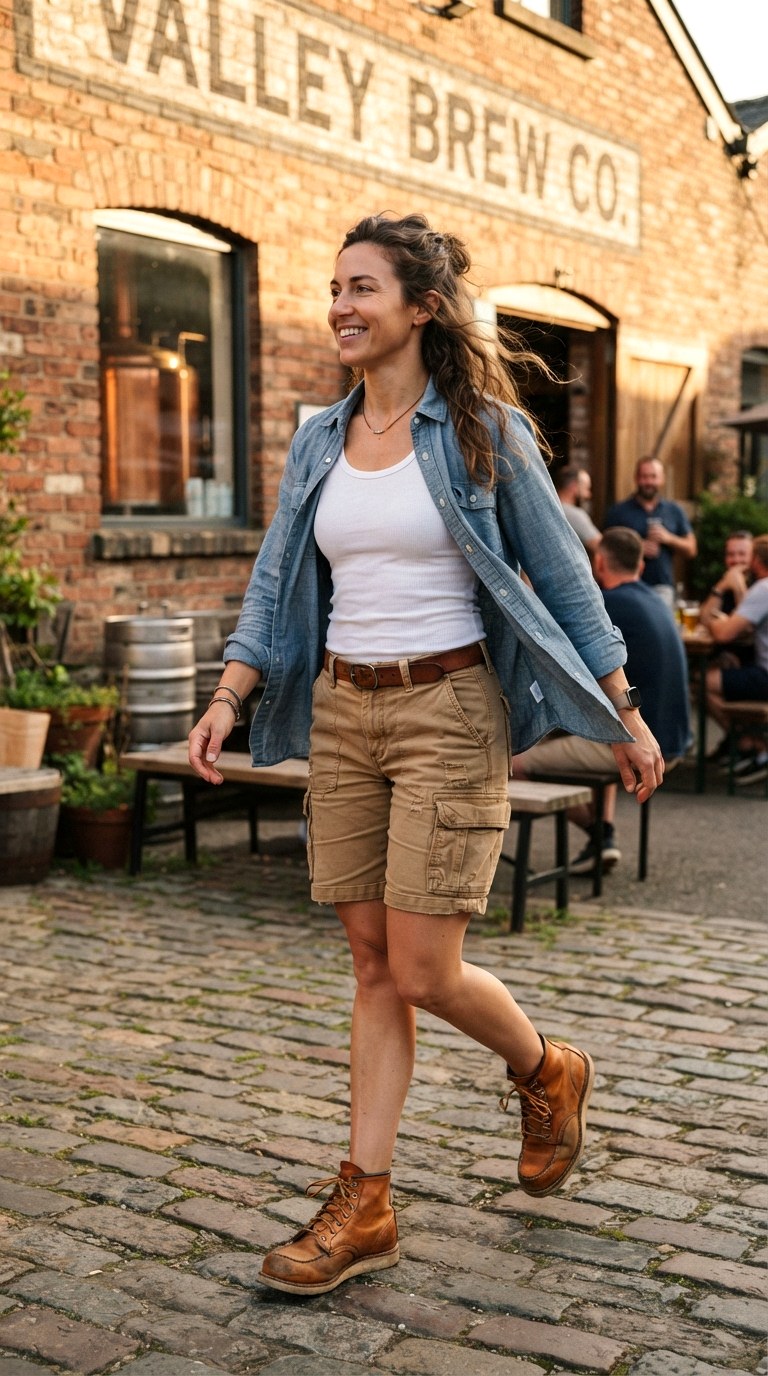 Chambray Workshirt and Work Boots With Cargo Shorts - 23 cargo shorts outfit