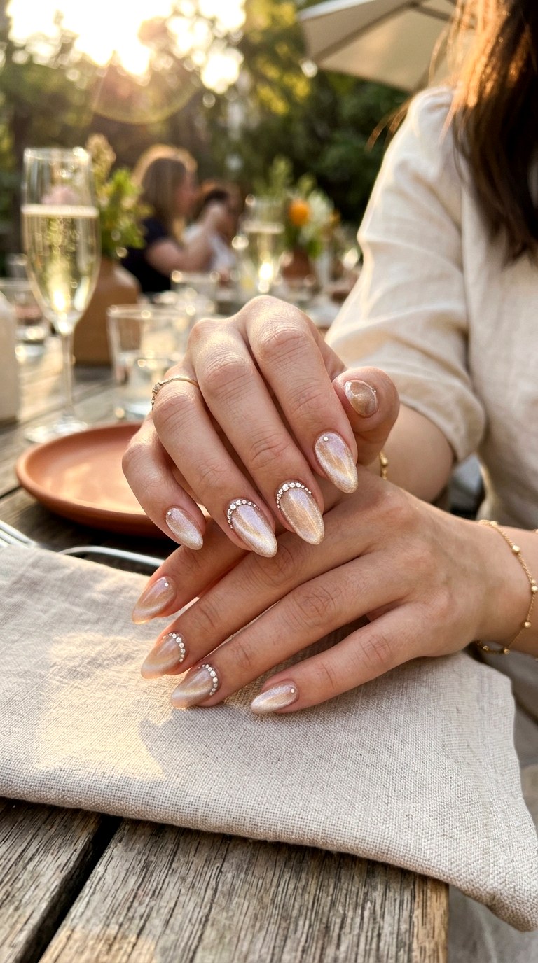 Champagne Cat Eye with Elegant Crystal Arcs - 21 Summer Crystal Accent Cat Eye Nails Ideas