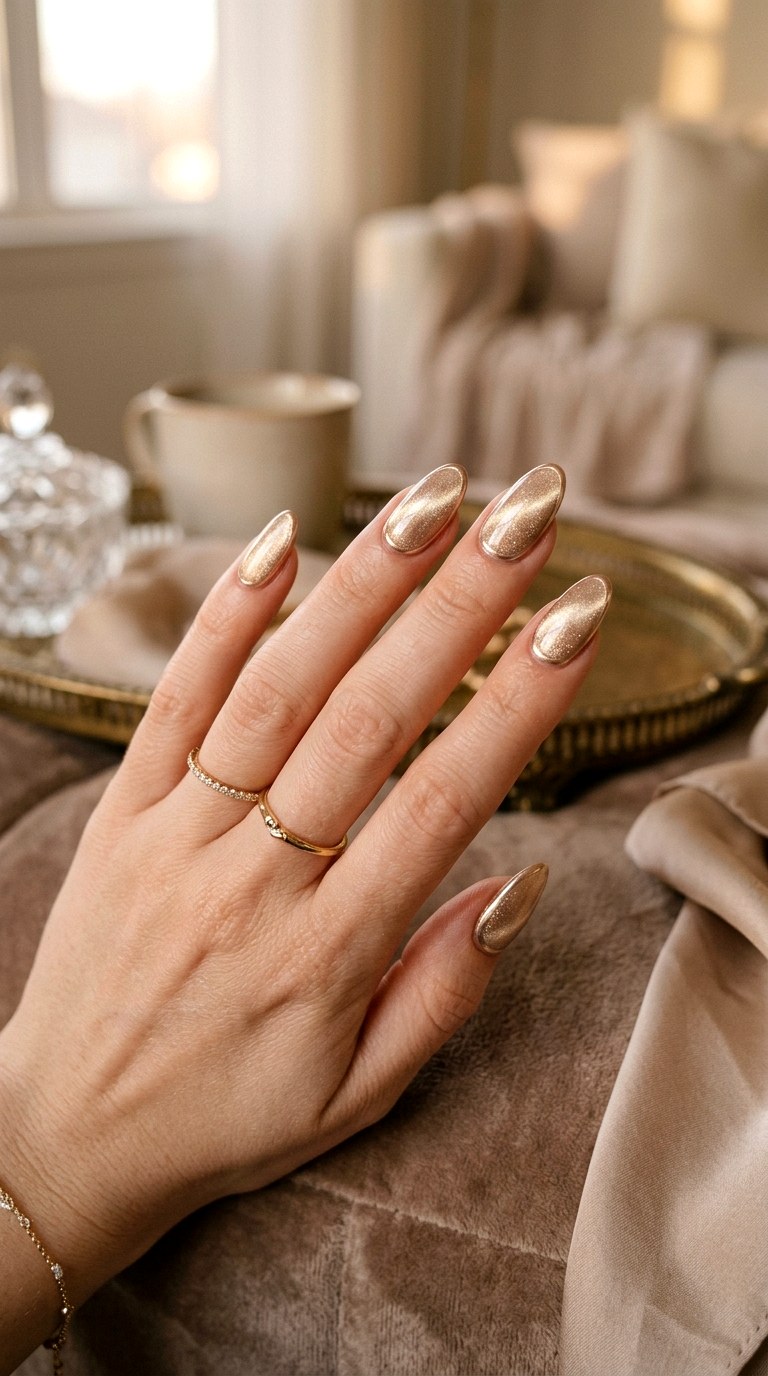 Champagne Gold Cat Eye with Soft Chrome Edges - 22 Summer Chrome Outline Cat Eye Nails Ideas
