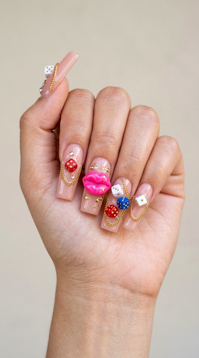 Charming Dice And Glossy Lips - 29 Artsy Spring Colorful Junk Nails