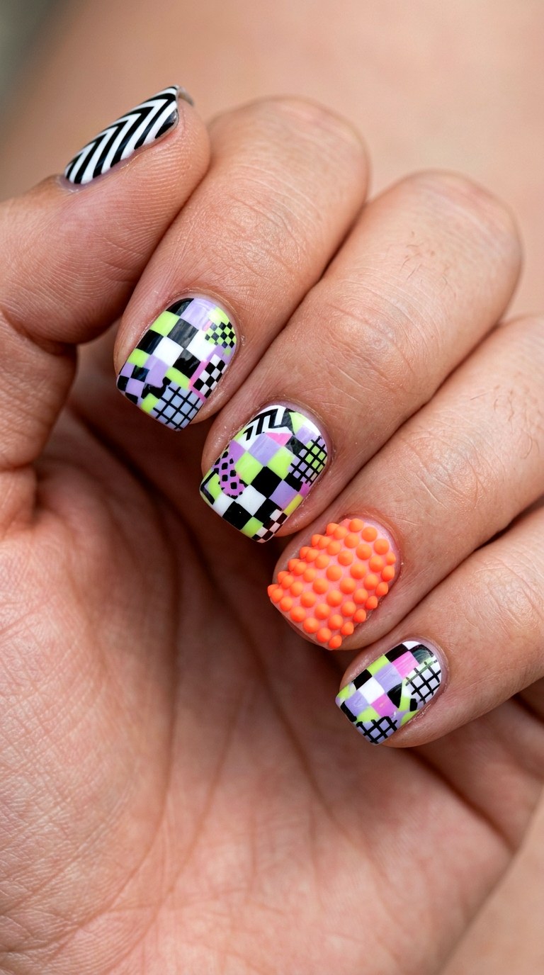 Checkerboard Chaos Clash - 25 Bold Spring Colorful Junk Nails