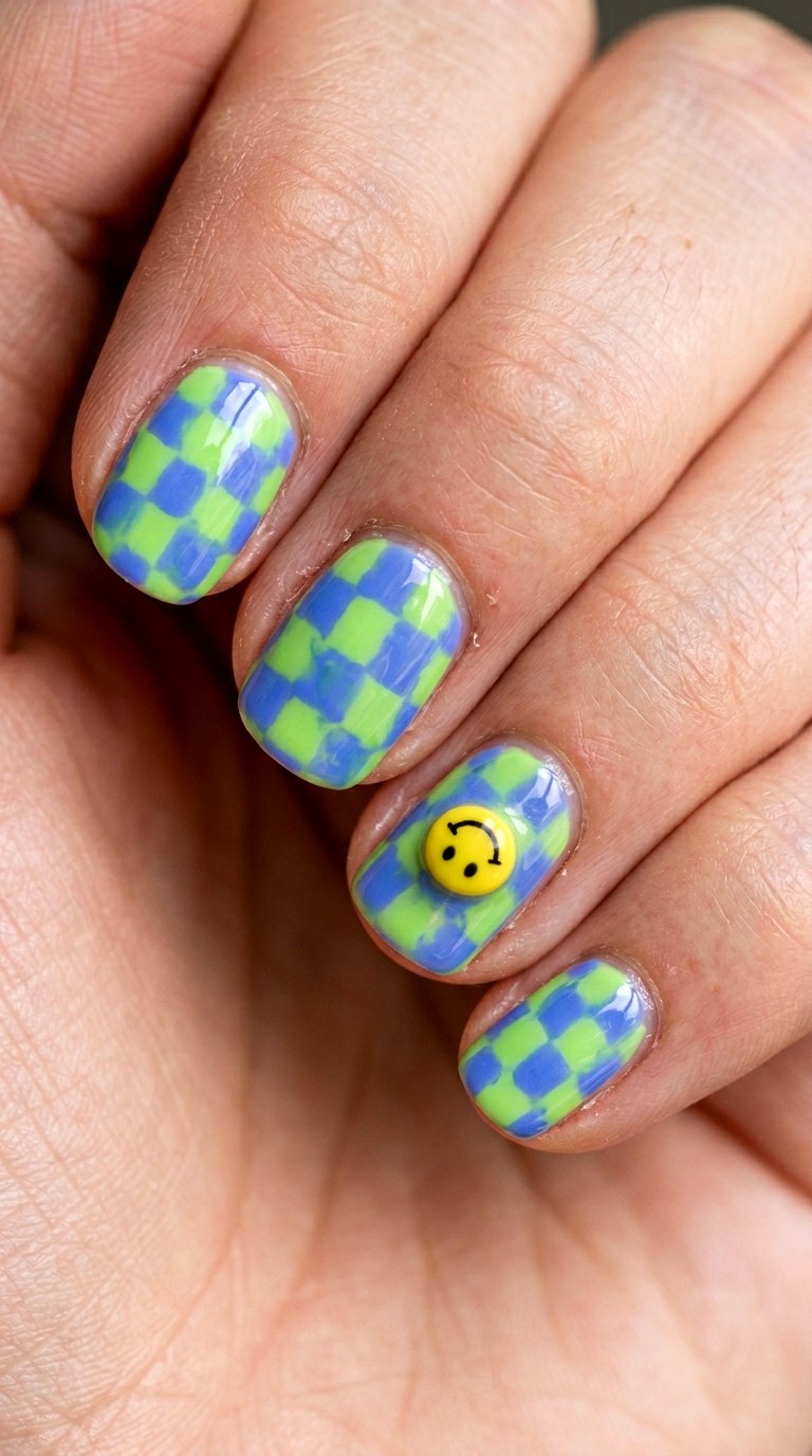 Checkerboard Chaos with Smiley Accents - 26 Creative Spring Colorful Junk Nails