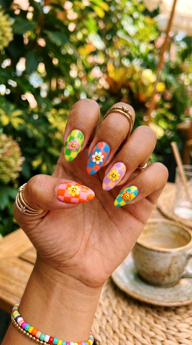Checkerboard Flower Smiles - 20 Summer Happy Flower Cartoon Nails Ideas