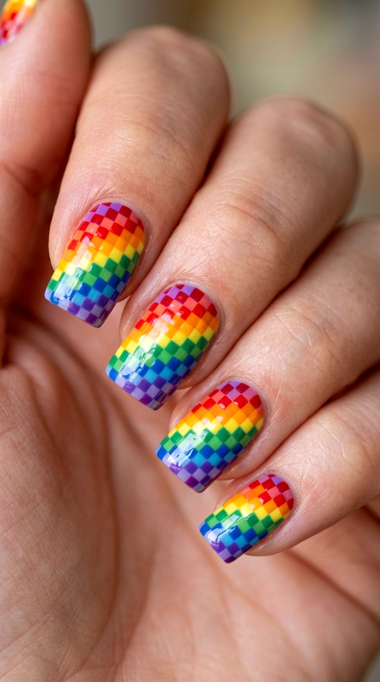 Checkerboard Rainbow Mosaic - 26 Rainbow Spring Multicolor Acrylic Nails