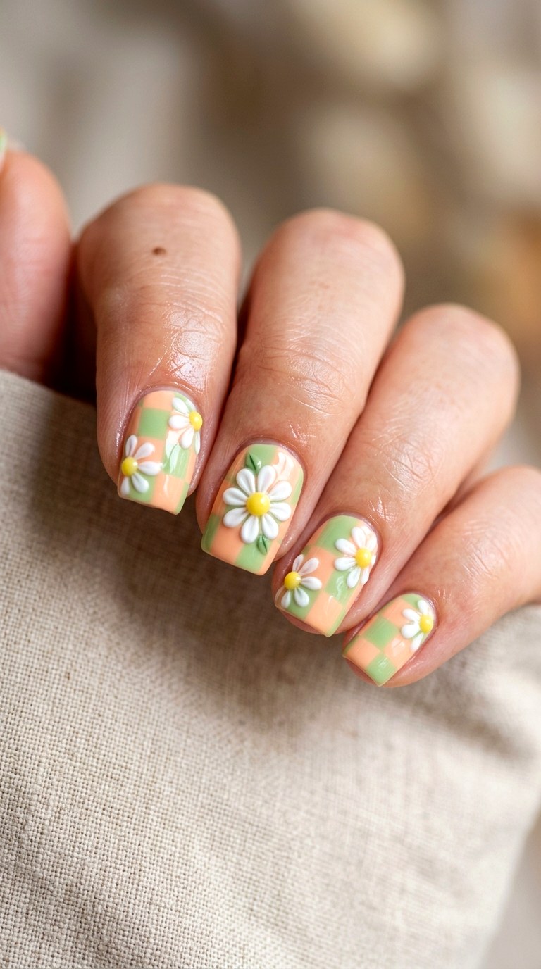 Checkerboard and Daisy Print - 25 Spring Break Multicolor Acrylic Nails