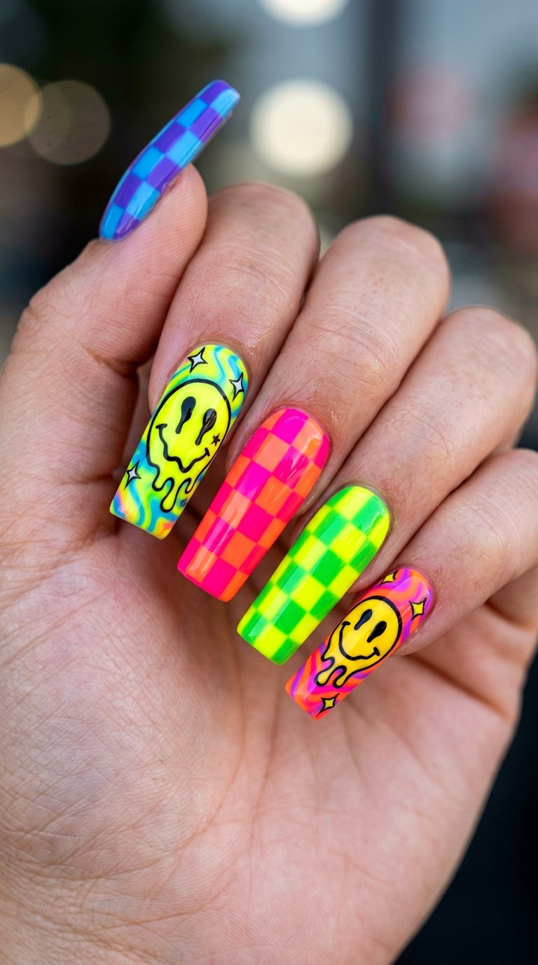 Checkerboard and Smiley Acid Trip - 29 Maximalist Spring Colorful Junk Nails