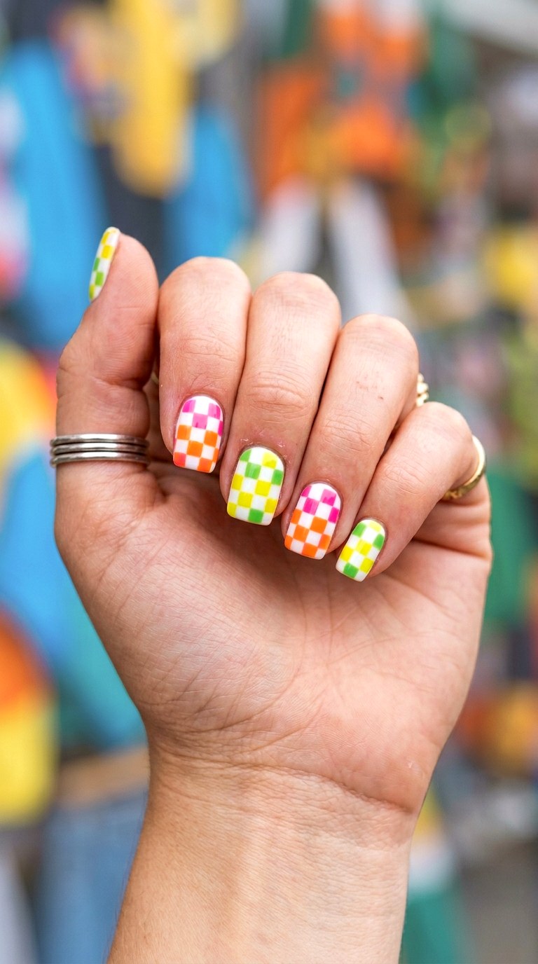 Cheerful Checkerboard Print - 30 Cheerful Spring Multicolor Nails