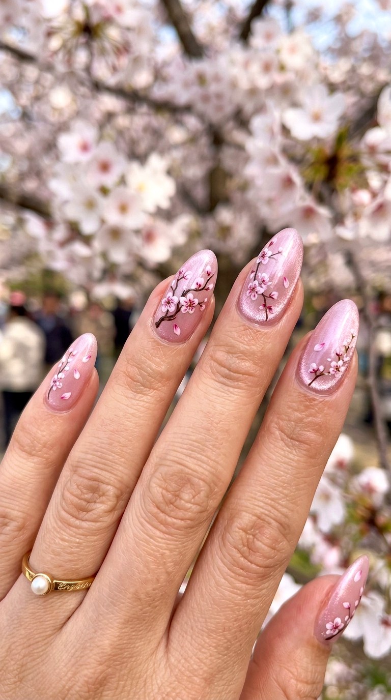 Cherry Blossom Cat Eye Nails - 20 Spring Floral Cat Eye Nails Ideas