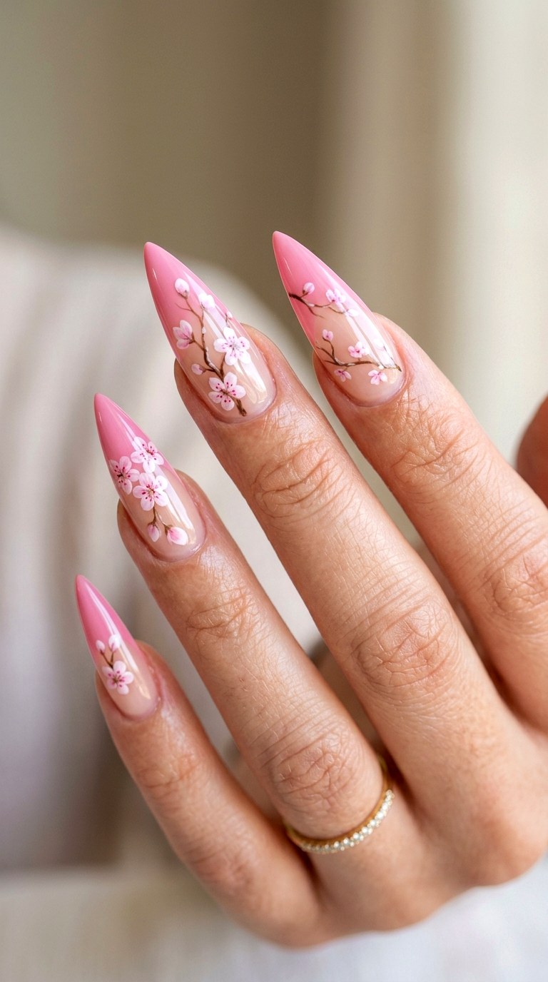 Cherry Blossom Pink Stiletto - 22 Pink Spring Acrylic Nails
