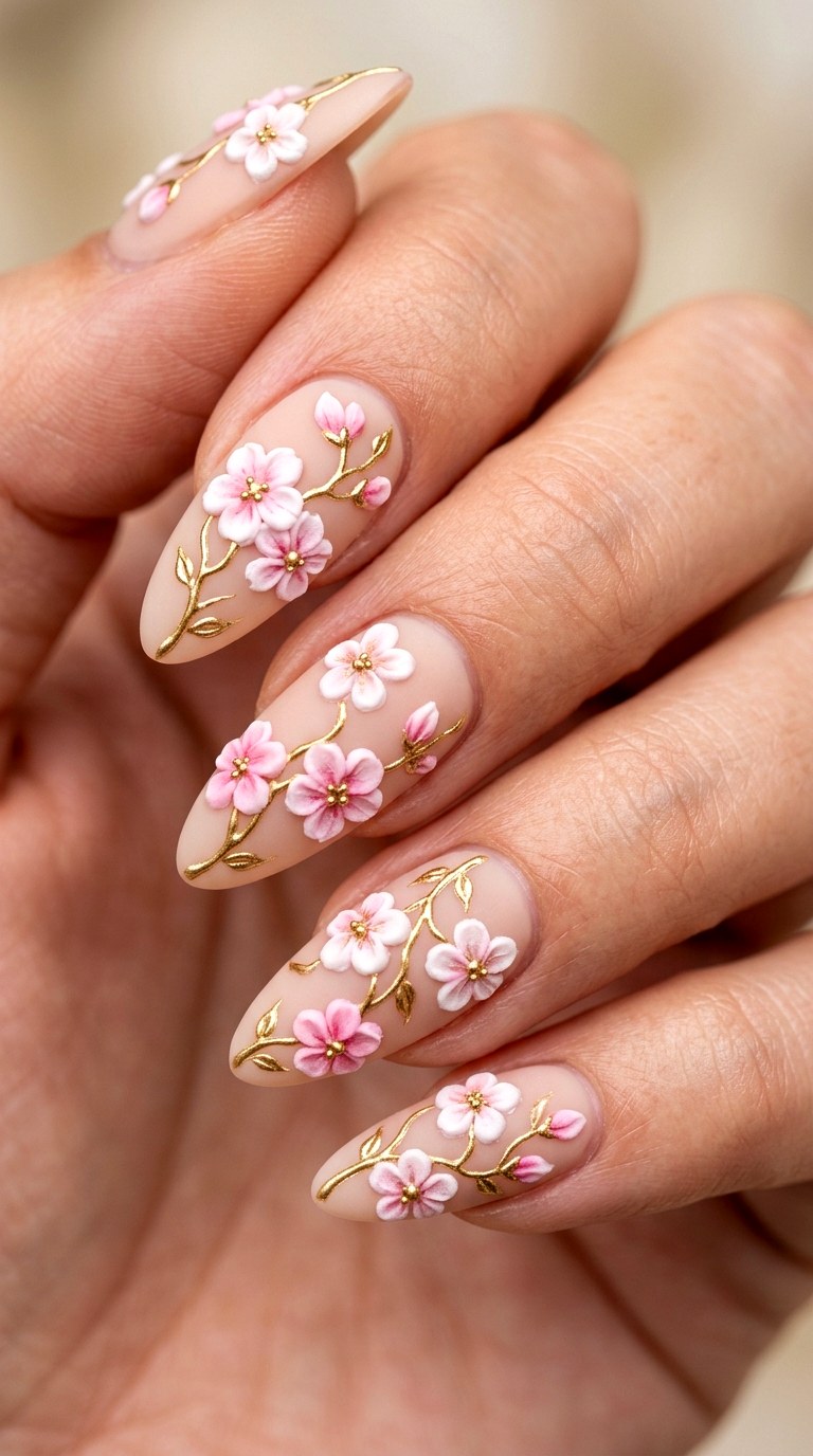Cherry Blossom Sculpted Art - 27 Charming Spring Acrylic Nails