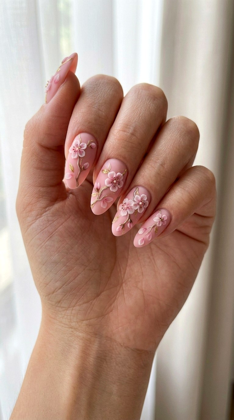 Cherry Blossom Sculpted Pink and Gold - 21 Unique Spring Multicolor Acrylic Nails